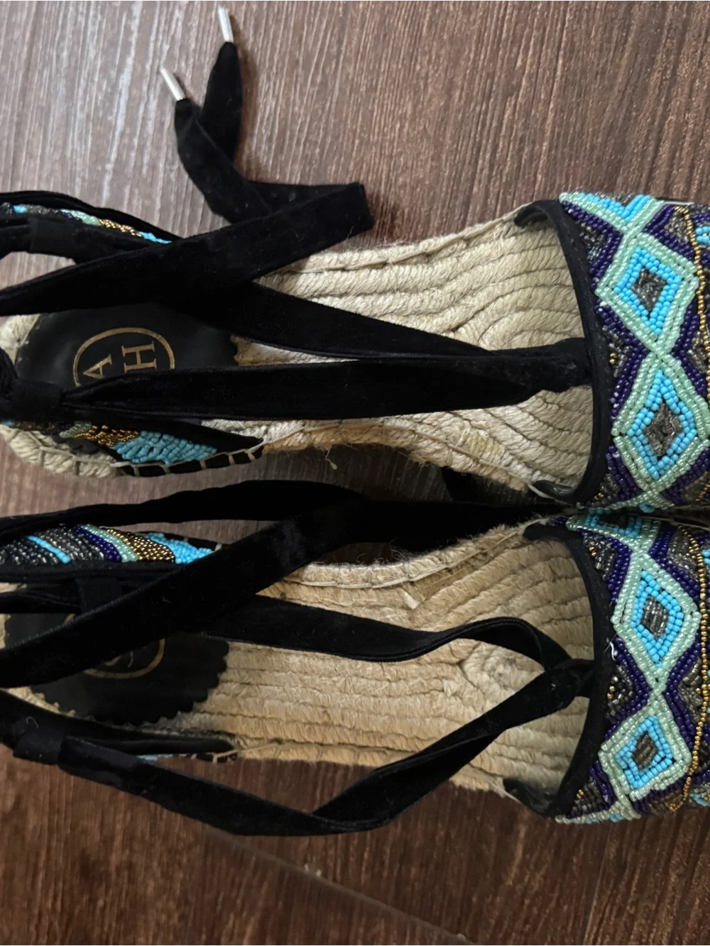ASH Black Wedge Espadrilles with Turquoise and Aqua Beading